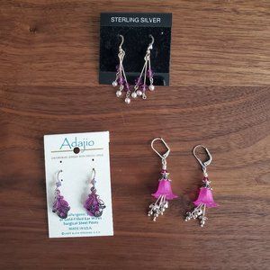 3 pairs of silver and purple earings